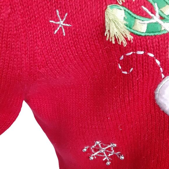 Vintage 90s Ugly Christmas Sweater Red Full Zip Cardigan Snowman Women M Grandma - Picture 8 of 12